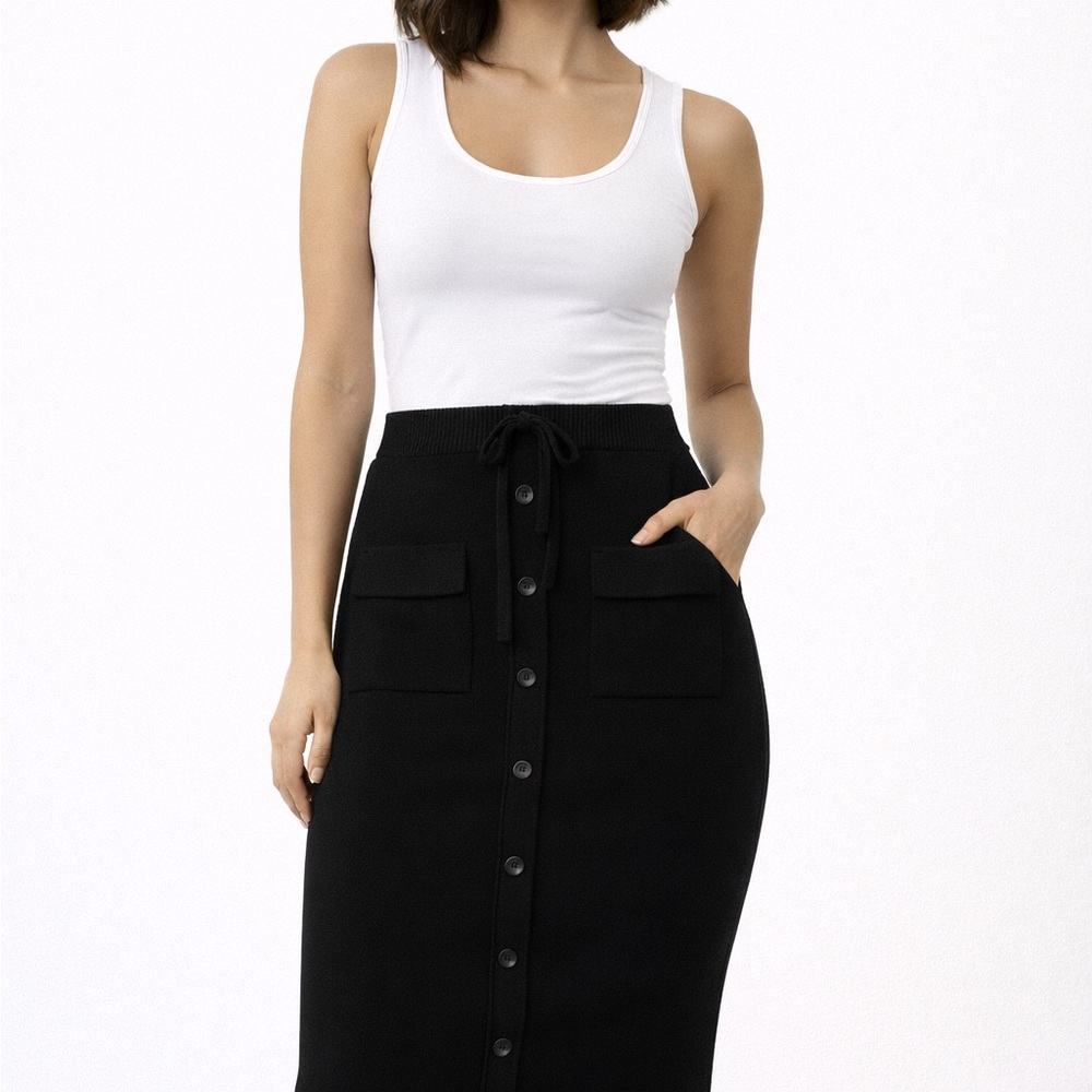 Midnight Button-Front Knit Pencil Skirt.